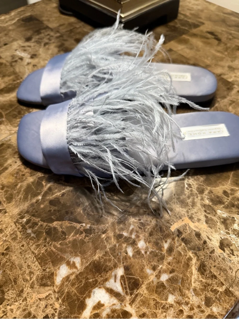 Zara Feather-Trim Satin Slides in Pale Lilac - Picture 2 of 9